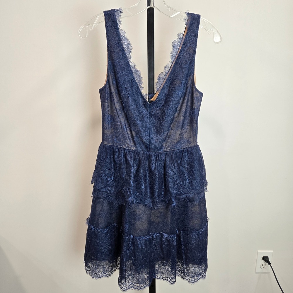 BCBGMAXAZRIA Willa Tiered Lace Mini Dress Blue Delicate Dark Fairy Ethereal